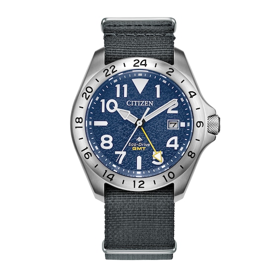 Men's Citizen Promaster Eco-Drive® Stainless Steel Watch with Navy Blue Dial and Gray Nylon Strap (Model: Bj7150-09L)