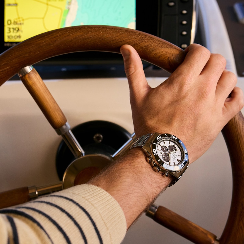 Main Image 7 of Men's Citizen Endeavor Chronograph Eco-Drive® Stainless Steel Watch with White Dial (Model: CA4730-59A)