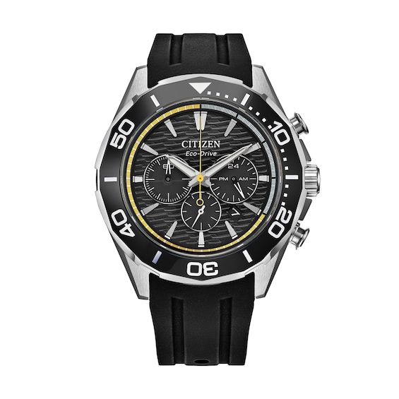 Men's Citizen Endeavor Chronograph Eco-Drive® Stainless Steel Watch with Black Dial and Black Strap (Model: Ca4730-08E)