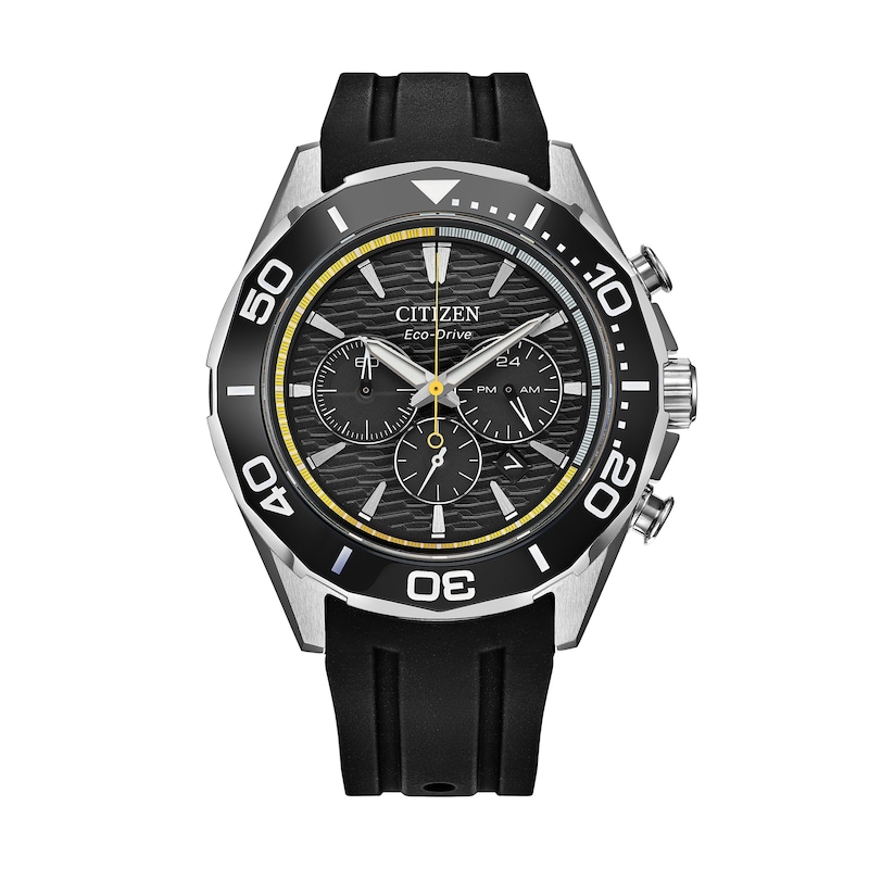Main Image 1 of Men's Citizen Endeavor Chronograph Eco-Drive® Stainless Steel Watch with Black Dial and Black Strap (Model: CA4730-08E)