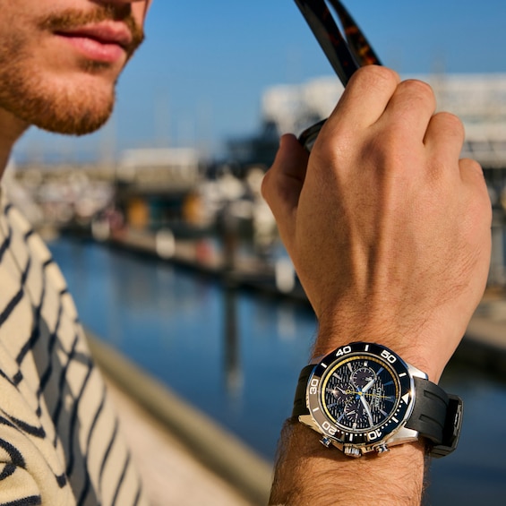 Men's Citizen Endeavor Chronograph Eco-Drive® Stainless Steel Watch with Black Dial and Black Strap (Model: Ca4730-08E)