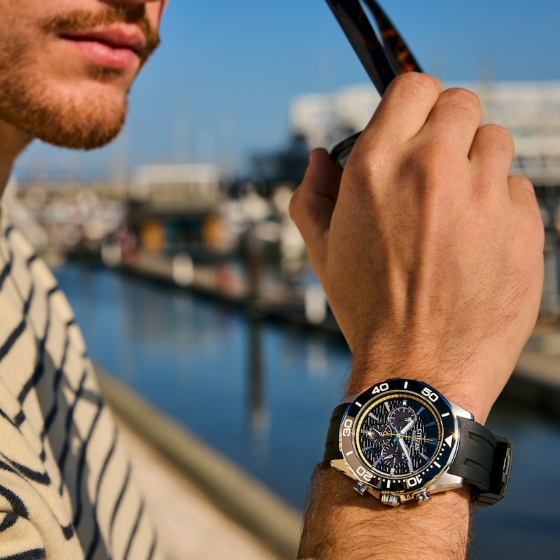 Main Image 3 of Men's Citizen Endeavor Chronograph Eco-Drive® Stainless Steel Watch with Black Dial and Black Strap (Model: CA4730-08E)