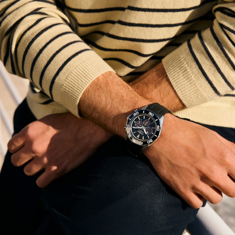 Main Image 4 of Men's Citizen Endeavor Chronograph Eco-Drive® Stainless Steel Watch with Black Dial and Black Strap (Model: CA4730-08E)