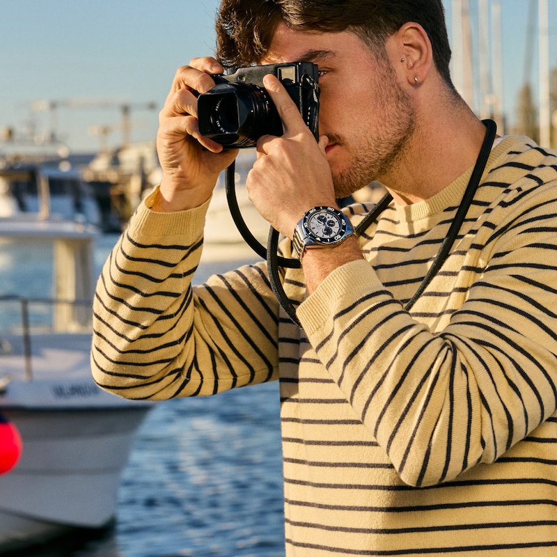 Main Image 5 of Men's Citizen Endeavor Chronograph Eco-Drive® Stainless Steel Watch with Black Dial and Black Strap (Model: CA4730-08E)
