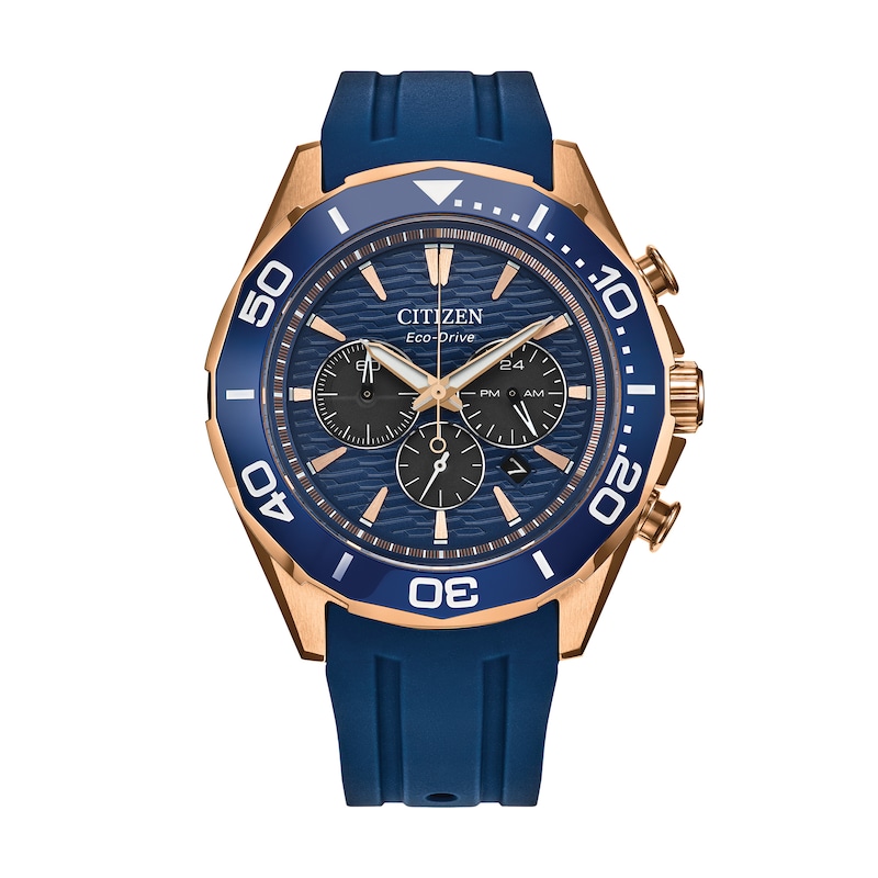 Main Image 1 of Men's Citizen Endeavor Chronograph Eco-Drive® Rose-Tone IP Stainless Steel Watch with Blue Dial (Model: CA4733-00L)
