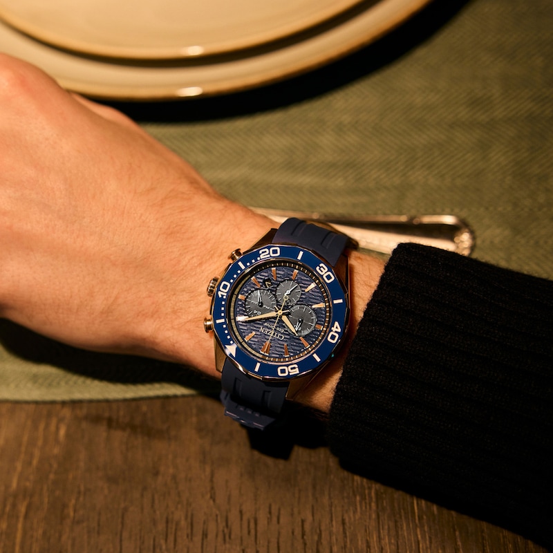 Main Image 3 of Men's Citizen Endeavor Chronograph Eco-Drive® Rose-Tone IP Stainless Steel Watch with Blue Dial (Model: CA4733-00L)