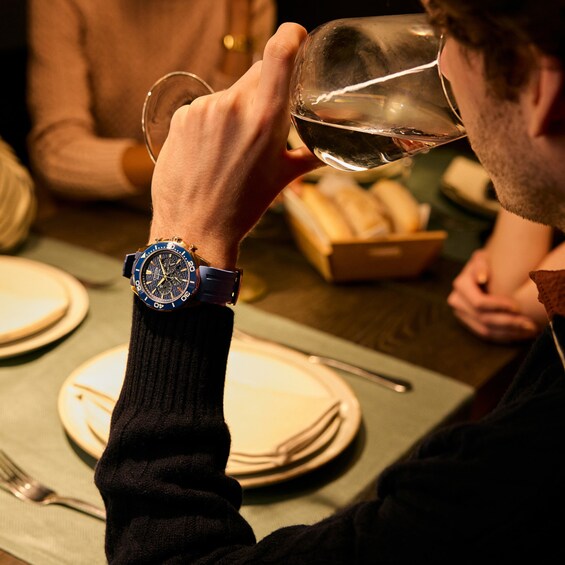 Men's Citizen Endeavor Chronograph Eco-Drive® Rose-Tone IP Stainless Steel Watch with Blue Dial (Model: Ca4733-00L)