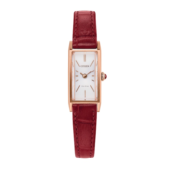 Ladies' Citizen Fio Eco-Drive® Rose-Tone IP Stainless Steel Watch with Red Leather Strap (Model: Eg7123-01A)