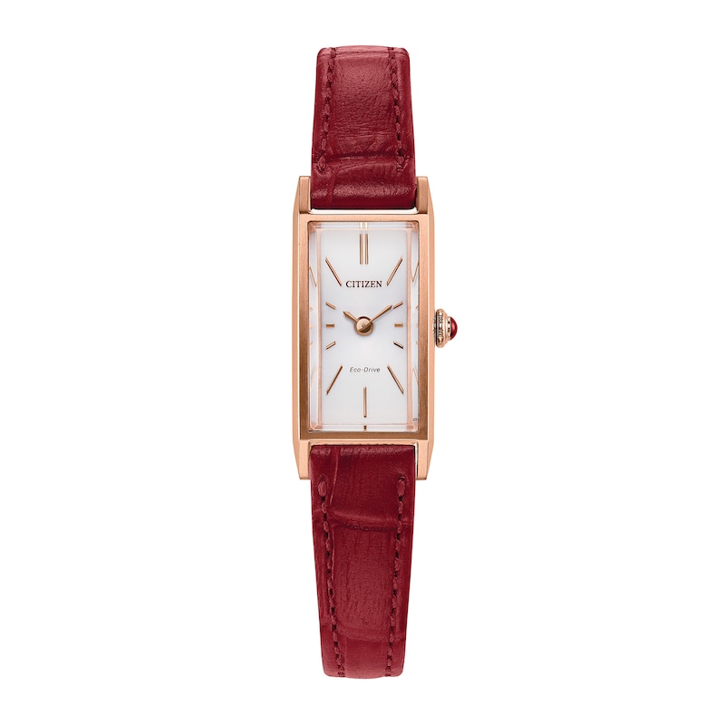 Main Image 1 of Ladies' Citizen Fio Eco-Drive® Rose-Tone IP Stainless Steel Watch with Red Leather Strap (Model: EG7123-01A)