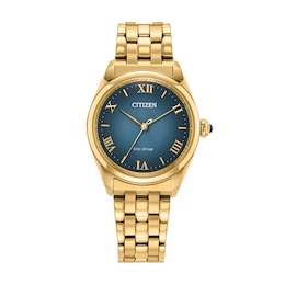 Ladies' Citizen L Classic Eco-Drive® Gold-Tone IP Stainless Steel Watch with Blue Dial (Model: EM1142-84L)