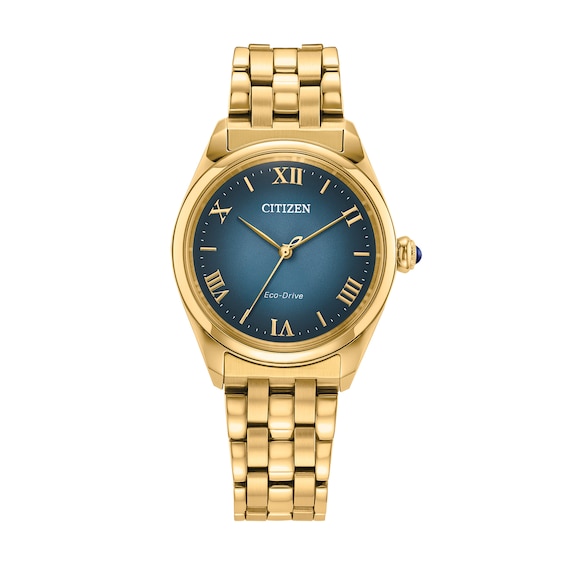 Ladies' Citizen L Classic Eco-Drive® Gold-Tone IP Stainless Steel Watch with Blue Dial (Model: Em1142-84L)