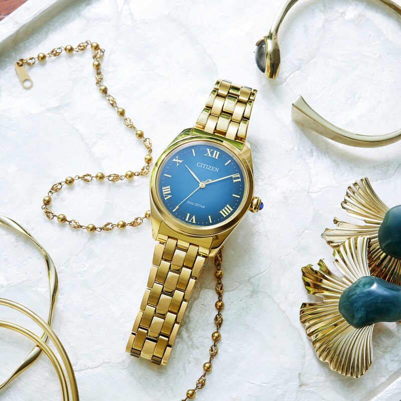 Main Image 5 of Ladies' Citizen L Classic Eco-Drive® Gold-Tone IP Stainless Steel Watch with Blue Dial (Model: EM1142-84L)