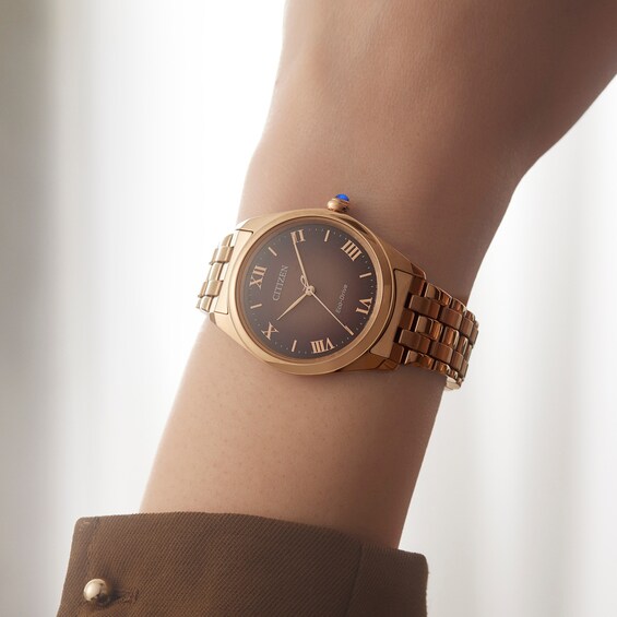 Ladies' Citizen L Classic Eco-Drive® Rose-Tone IP Stainless Steel Watch with Brown Dial (Model: Em1143-81Z)