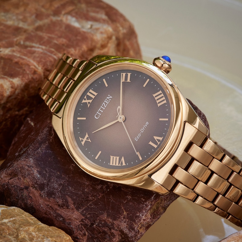 Main Image 5 of Ladies' Citizen L Classic Eco-Drive® Rose-Tone IP Stainless Steel Watch with Brown Dial (Model: EM1143-81Z)