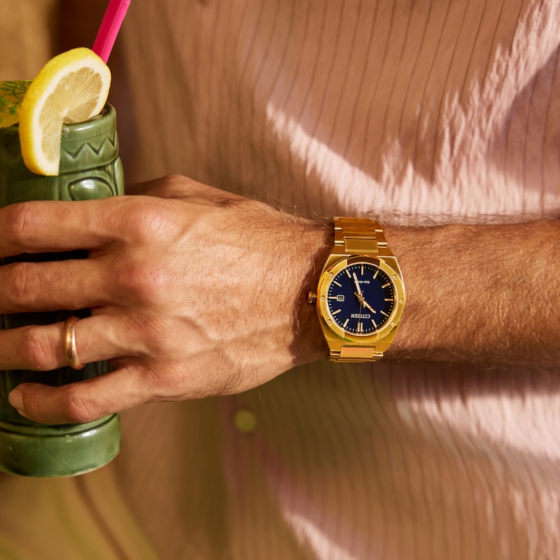 Main Image 4 of Men's Citizen Sport Luxury Eco-Drive® Gold-Tone IP Stainless Steel Watch with Blue Dial (Model: BM7662-59L)