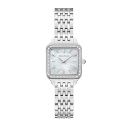 Ladies' Bulova Sutton Stainless Steel Watch with Mother-of-Pearl Dial and 1/6 CT. T.W. Diamond Bezel (Model: 96R256)