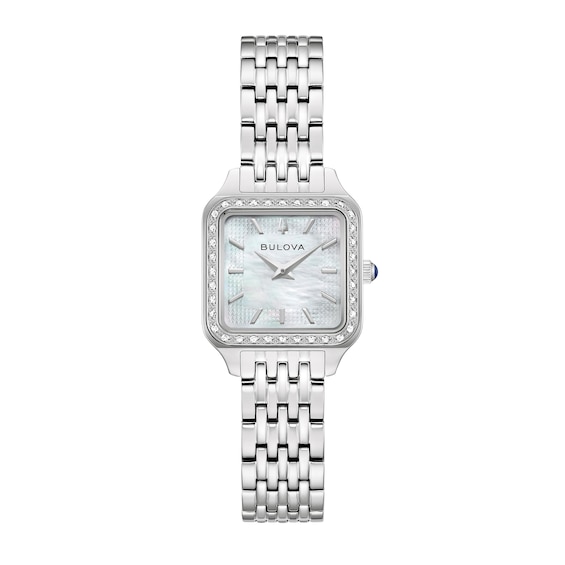 Ladies' Bulova Sutton Stainless Steel Watch with Mother-of-Pearl Dial and 1/6 CT. T.w. Diamond Bezel (Model: 96R256)