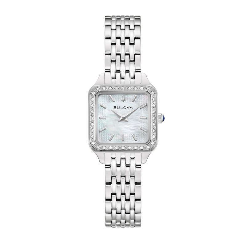 Main Image 1 of Ladies' Bulova Sutton Stainless Steel Watch with Mother-of-Pearl Dial and 1/6 CT. T.W. Diamond Bezel (Model: 96R256)