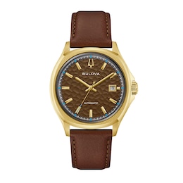 Men's Bulova Tony Bennett Gold-Tone IP Watch with Brown Dial and Brown Leather Strap (Model: 97B244)
