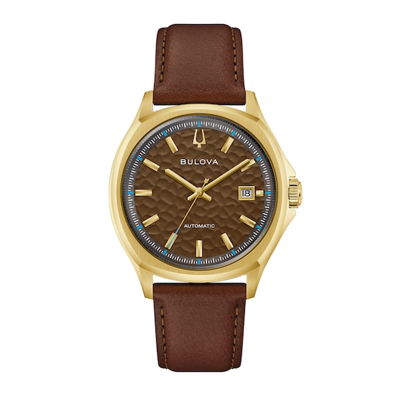 Men's Bulova Tony Bennett Gold-Tone IP Watch with Brown Dial and Brown Leather Strap (Model: 97B244)