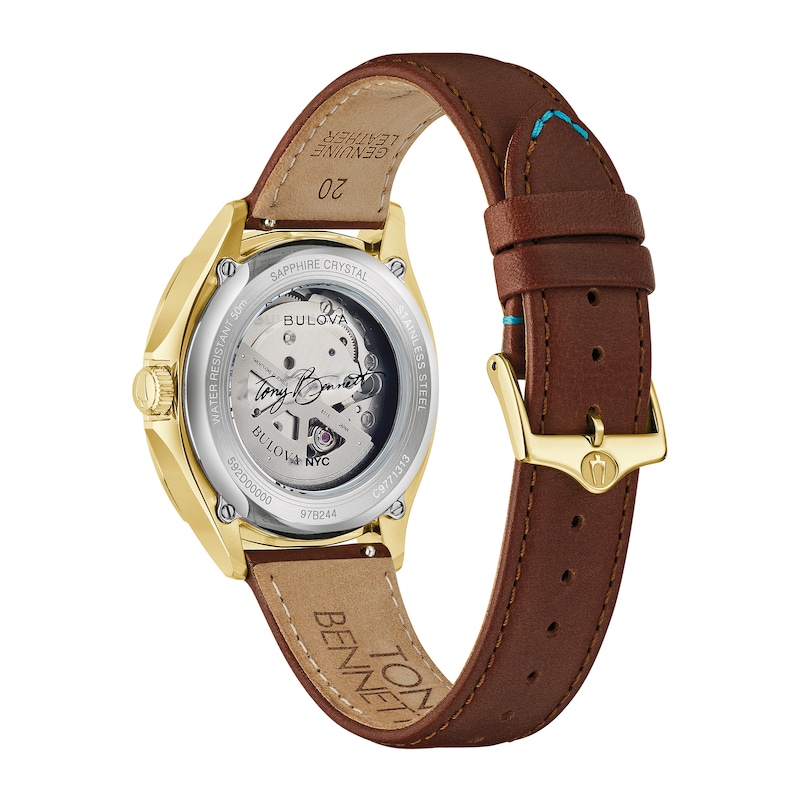 Main Image 3 of Men's Bulova Tony Bennett Gold-Tone IP Watch with Brown Dial and Brown Leather Strap (Model: 97B244)