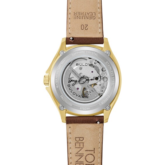 Men's Bulova Tony Bennett Gold-Tone IP Watch with Brown Dial and Brown Leather Strap (Model: 97B244)
