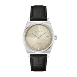 Men's Bulova Frank Sinatra Stainless Steel Watch with Beige Dial and Black Leather Strap (Model: 96B483)