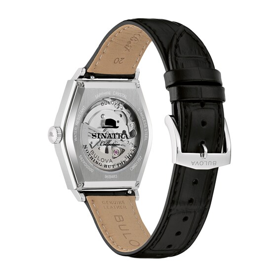 Men's Bulova Frank Sinatra Stainless Steel Watch with Beige Dial and Black Leather Strap (Model: 96B483)