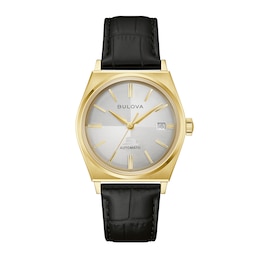 Men's Bulova Frank Sinatra Gold-Tone IP Stainless Steel Watch with Beige Dial and Black Leather Strap (Model: 97B243)