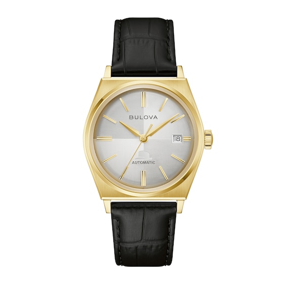 Men's Bulova Frank Sinatra Gold-Tone IP Stainless Steel Watch with Beige Dial and Black Leather Strap (Model: 97B243)