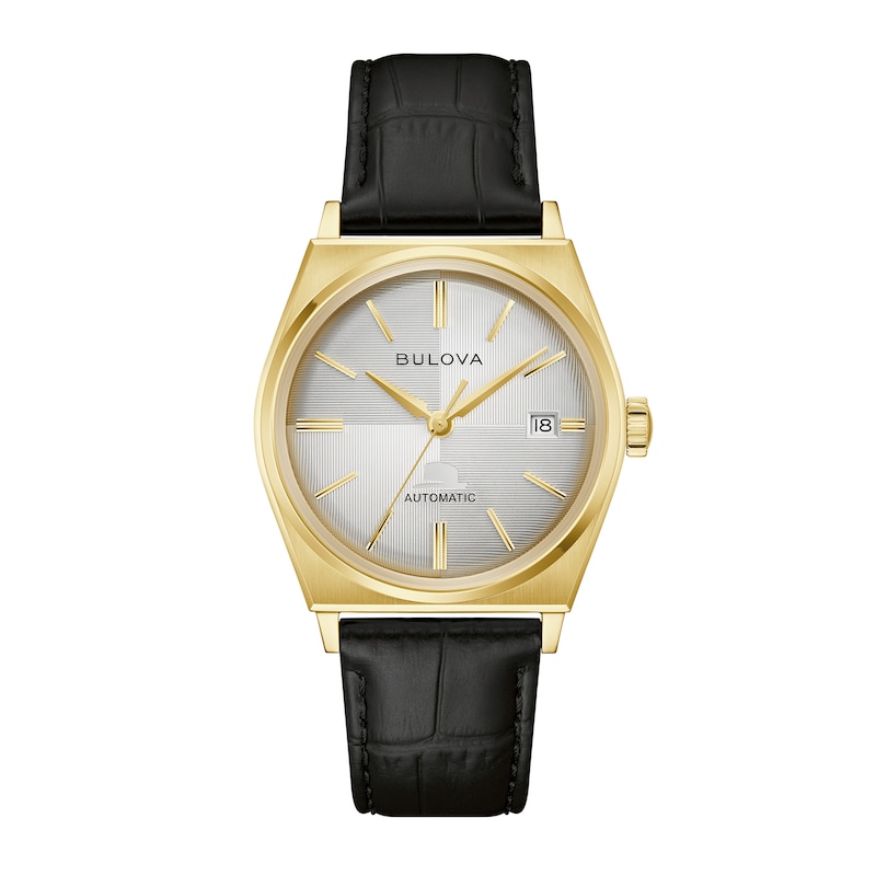 Main Image 1 of Men's Bulova Frank Sinatra Gold-Tone IP Stainless Steel Watch with Beige Dial and Black Leather Strap (Model: 97B243)