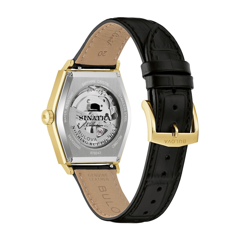 Main Image 3 of Men's Bulova Frank Sinatra Gold-Tone IP Stainless Steel Watch with Beige Dial and Black Leather Strap (Model: 97B243)