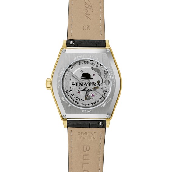 Men's Bulova Frank Sinatra Gold-Tone IP Stainless Steel Watch with Beige Dial and Black Leather Strap (Model: 97B243)