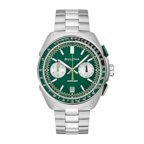 Men's Bulova Racer Chronograph Stainless Steel Watch with Green Dial (Model: 98B468)