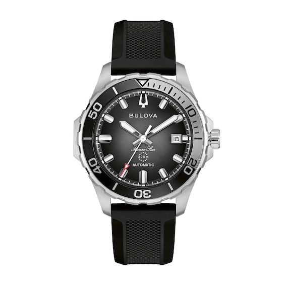 Men's Bulova Marine Star Stainless Steel Watch with Black Dial and Black Rubber Strap (Model: 98B465)