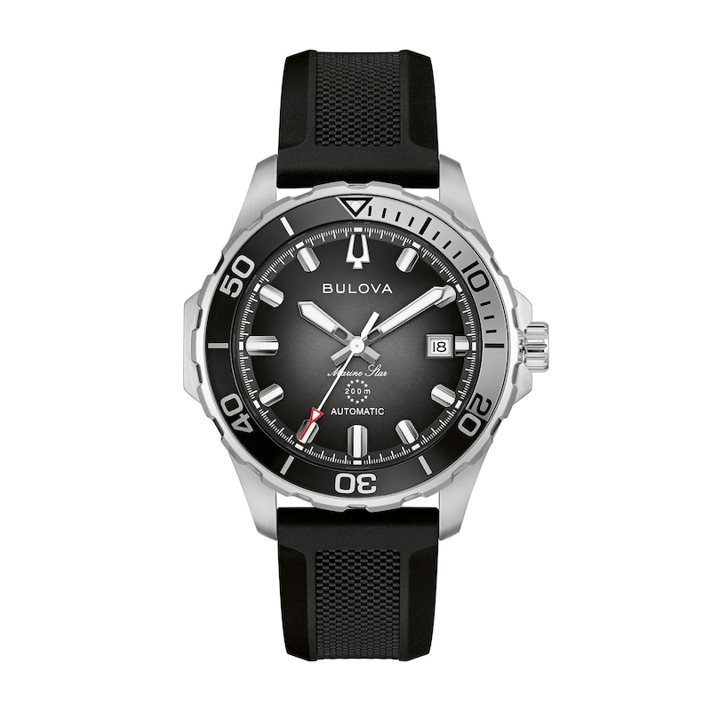 Main Image 1 of Men's Bulova Marine Star Stainless Steel Watch with Black Dial and Black Rubber Strap (Model: 98B465)