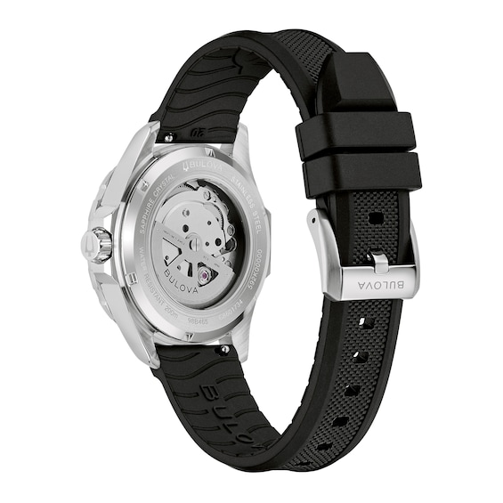 Men's Bulova Marine Star Stainless Steel Watch with Black Dial and Black Rubber Strap (Model: 98B465)