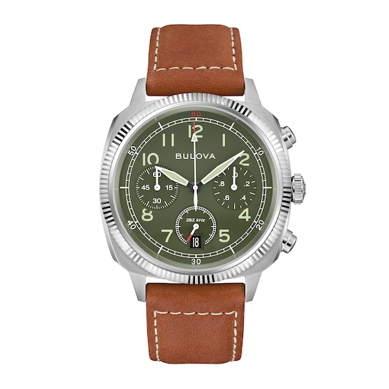 Men's Bulova Military VWI Special Edition Chronograph Watch with Green Dial and Brown Leather Strap (Model: 96B482)