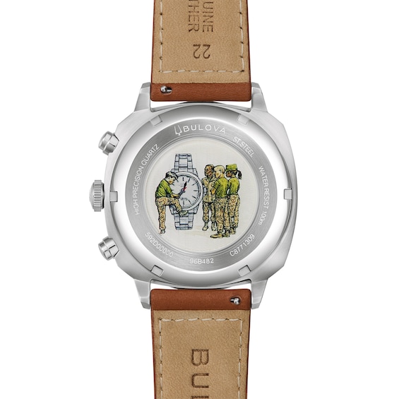 Men's Bulova Military VWI Special Edition Chronograph Watch with Green Dial and Brown Leather Strap (Model: 96B482)