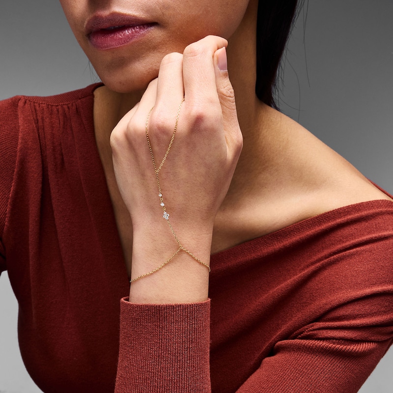 Main Image 2 of 1/6 CT.T.W. Lab-Grown Diamond Flower Hand Chain Bracelet in Sterling Silver with 18K Gold Plate (F/VS2) - 7.0″