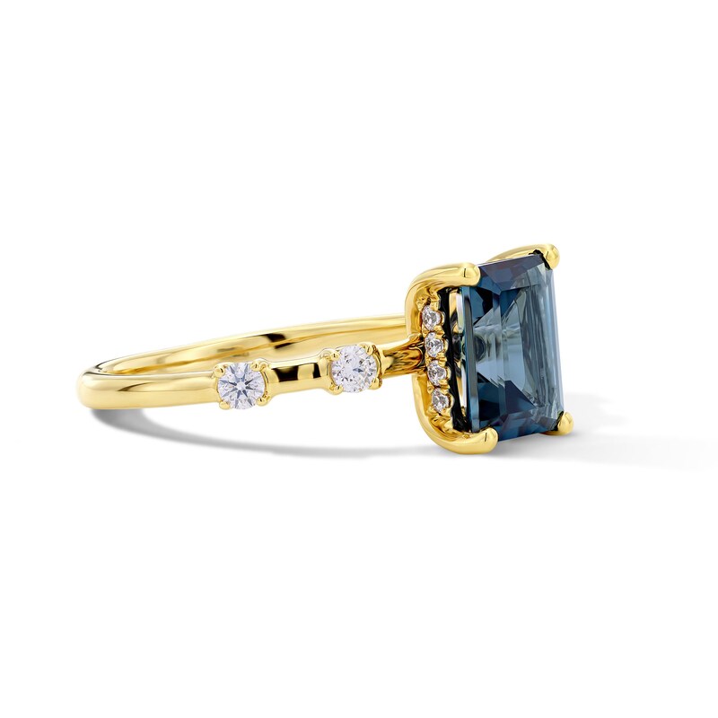 Main Image 4 of Modern Reflection Emerald-Cut London Blue Topaz and 1/4 CT. T.W. Lab-Grown Diamond Engagement Ring in 14K Gold (F/VS2)