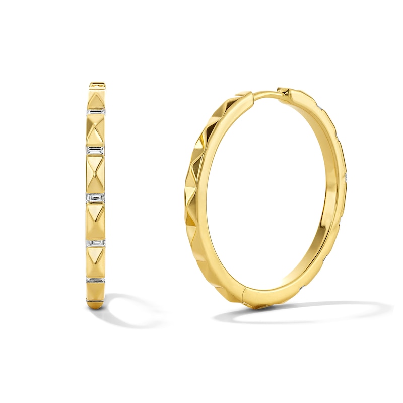 Main Image 1 of 1/5 CT. T.W. Baguette-Cut Lab-Grown Diamond Pyramid Hoop Earrings in Sterling Silver with 18K Gold Plate (F/VS2)