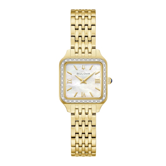 Ladies' Bulova Sutton 1/6 Ct.t.w. Diamond Gold-Tone IP Stainless Steel Watch with Mother-of-Pearl Dial (Model: 98R330)