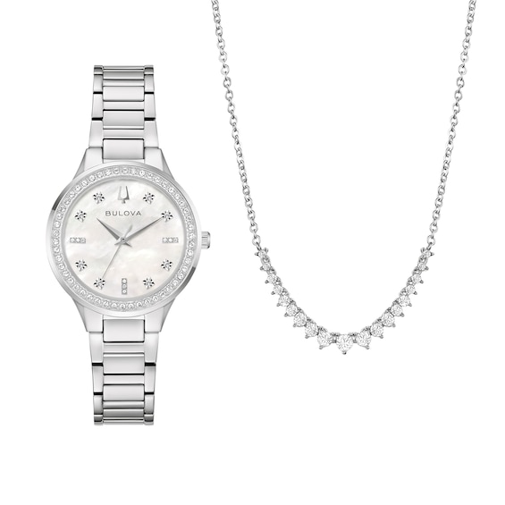 Ladies' Bulova Crystal Stainless Steel Watch with Mother-of-Pearl Dial and Necklace Set (Model: 96X167)