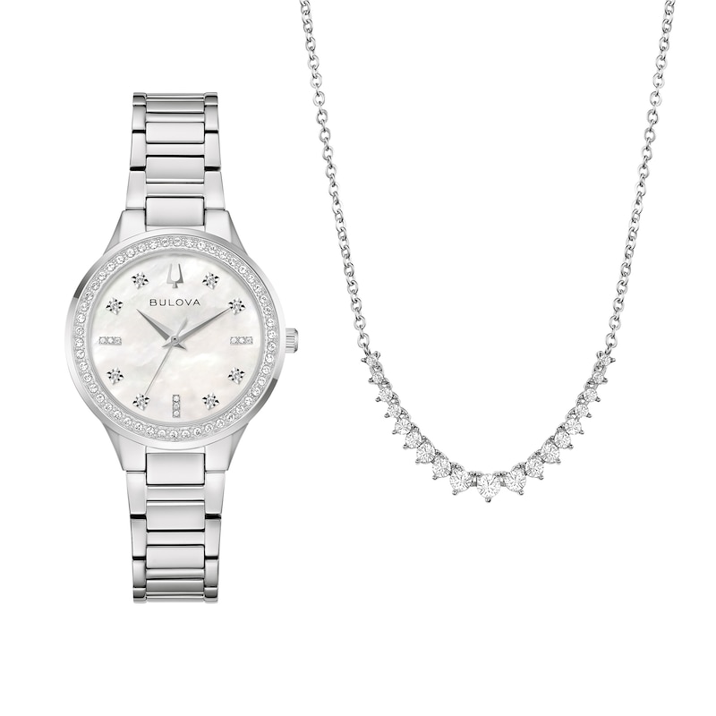 Main Image 1 of Ladies' Bulova Crystal Stainless Steel Watch with Mother-of-Pearl Dial and Necklace Set (Model: 96X167)