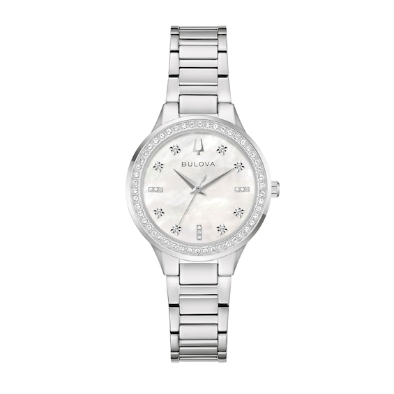 Ladies' Bulova Crystal Stainless Steel Watch with Mother-of-Pearl Dial and Necklace Set (Model: 96X167)