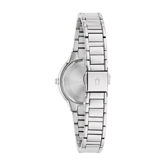 Ladies' Bulova Crystal Stainless Steel Watch with Mother-of-Pearl Dial and Necklace Set (Model: 96X167)