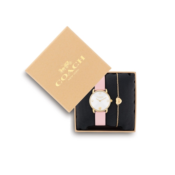 Ladies' Coach Elliot Gold-Tone IP Stainless Steel Watch Set with Pink Leather Strap (Model: 14000137)