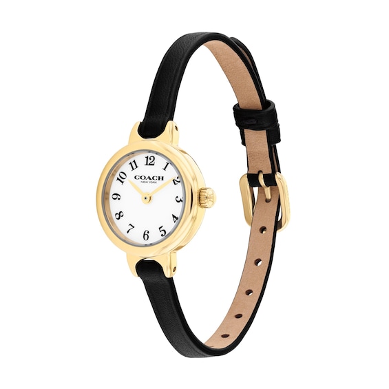 Ladies' Coach Iris Gold-Tone IP Stainless Steel Watch with Chalk Dial and Black Leather Strap (Model: 14504654-T)