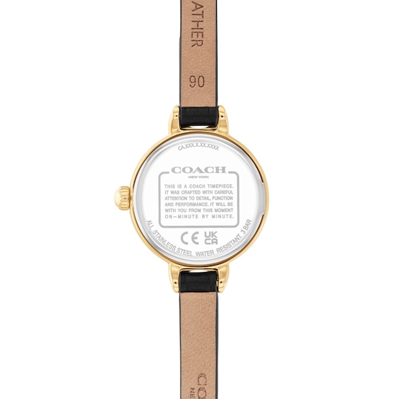 Ladies' Coach Iris Gold-Tone IP Stainless Steel Watch with Chalk Dial and Black Leather Strap (Model: 14504654-T)